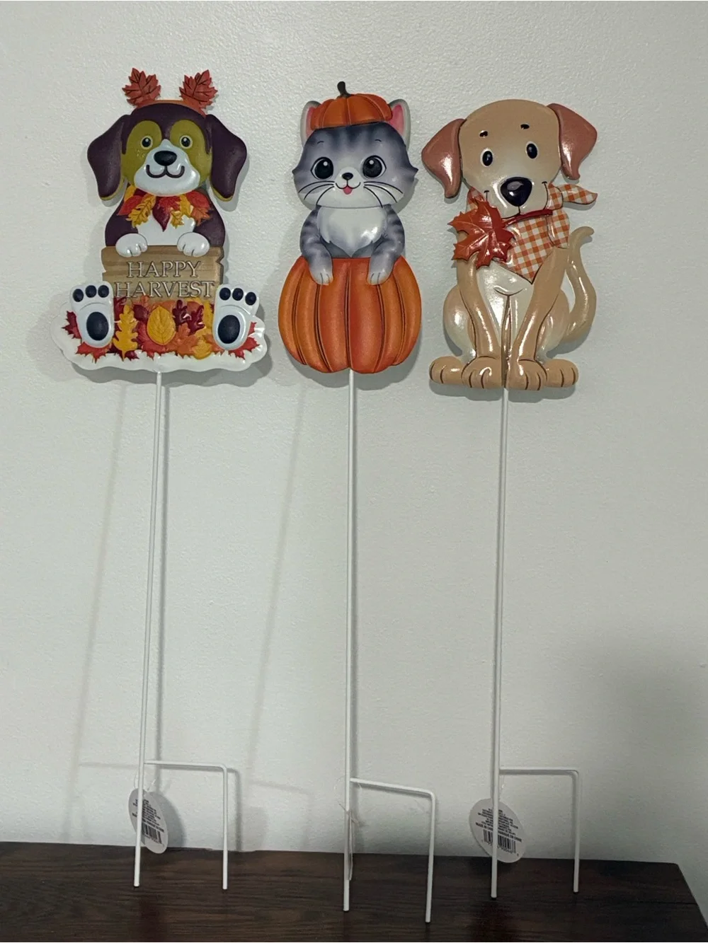 NWT- Set of 3- Adorable Fall Harvest Theme- Dog & Cat Metal Yard Stakes